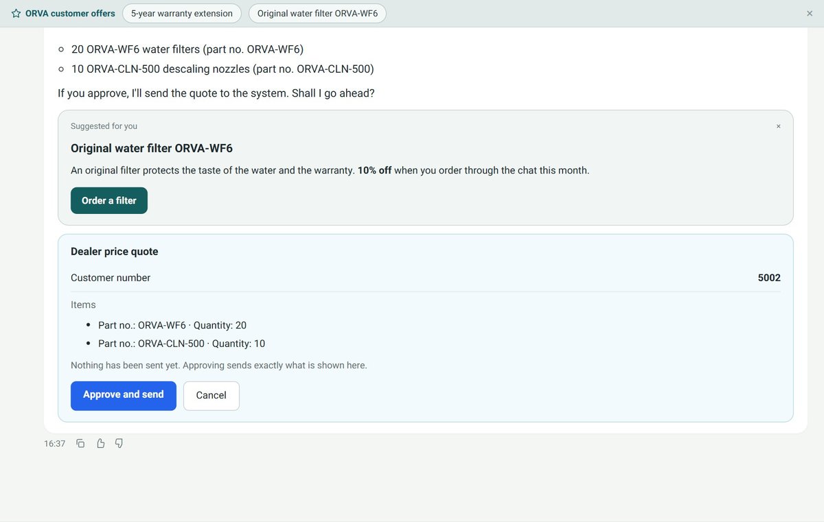A price quote the bot prepared, waiting for approval before it is sent