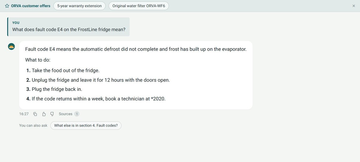 An answer about a fridge fault code, with steps and a source from the manual