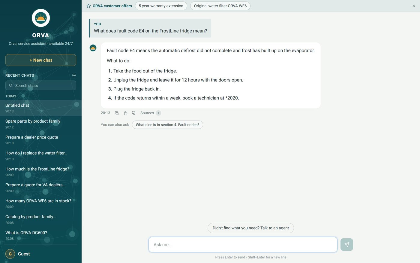 A Bynera service chat answering a fridge fault code, with steps and a source