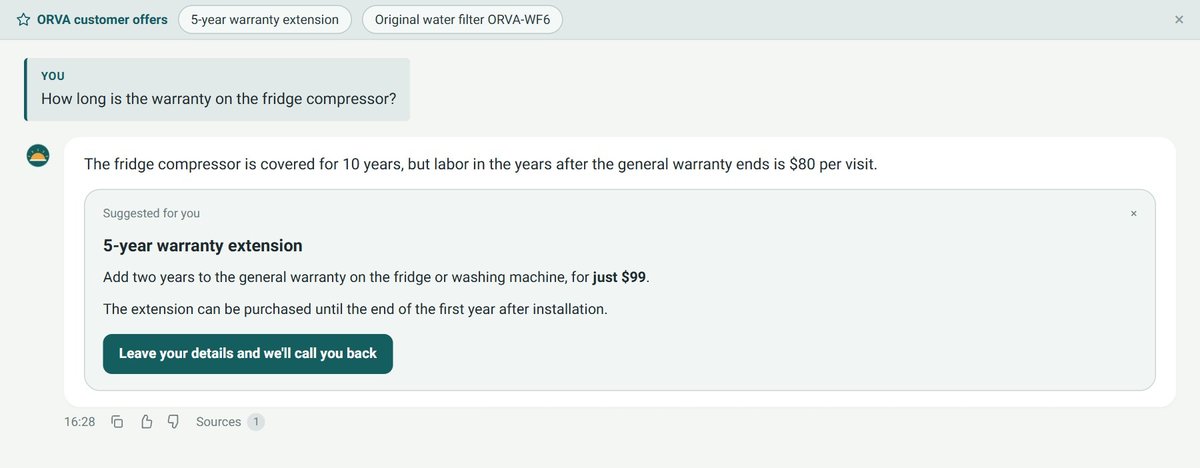 A warranty extension card shown under an answer about the warranty